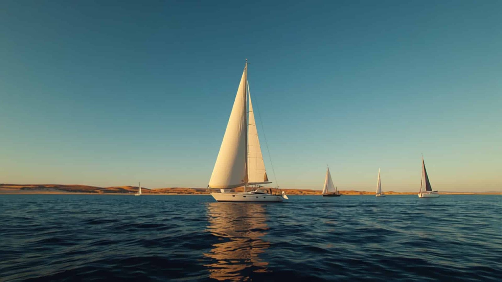 Voilier naviguant au large de la côte vendéenne sur l'océan Atlantique au coucher du soleil