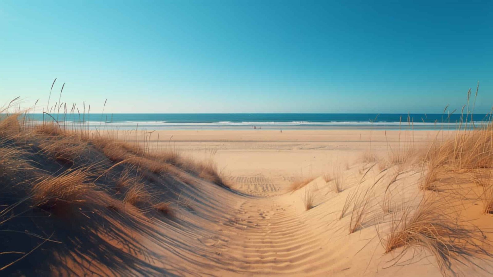 Grande plage de sable de la côte vendéenne avec dunes et océan Atlantique sous un ciel d'été