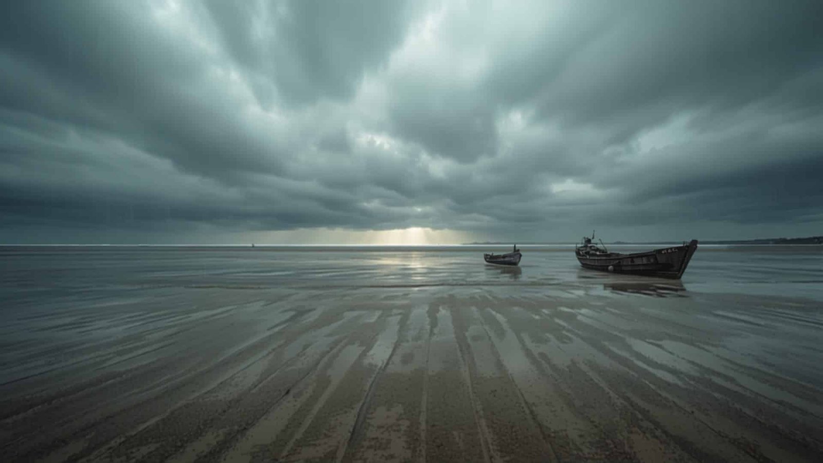 Plage et port de Vendée sous un ciel d'averse avec une éclaircie sur l'océan