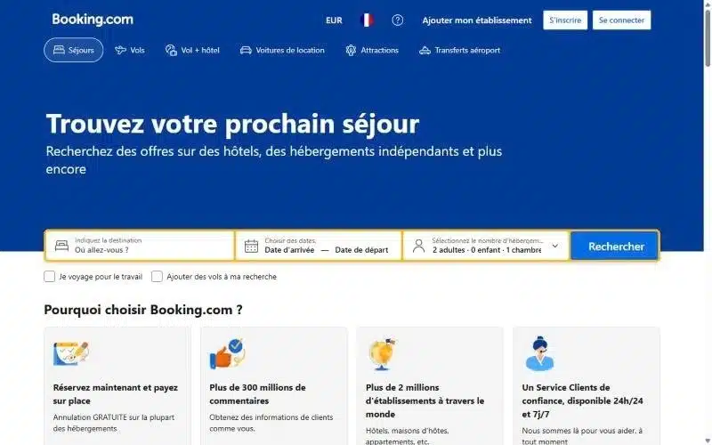 Page d'accueil du site Booking.com
