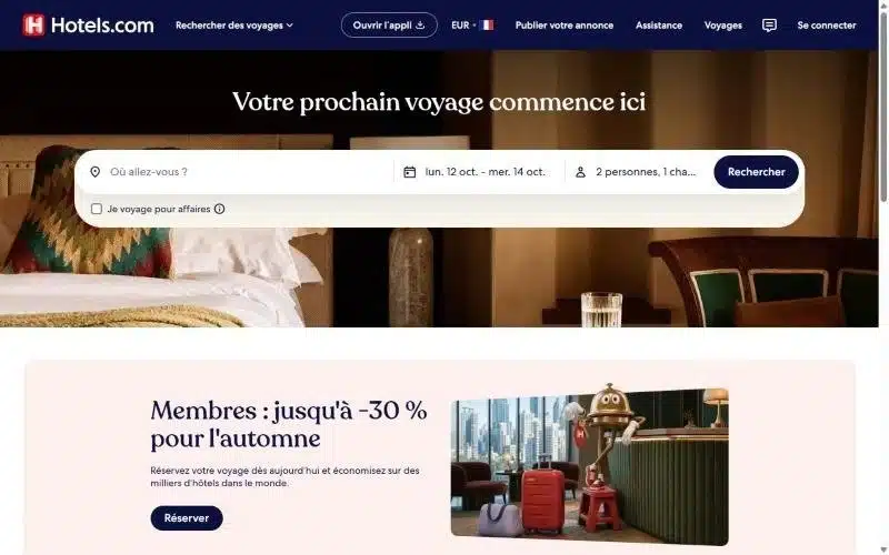 Page d'accueil du site Hotels.com